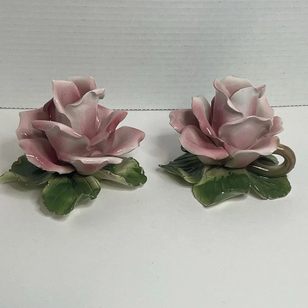 Capodimonte Glazed Porcelain Rose Candle Holder Made In Italy Set 2 1950s VTG